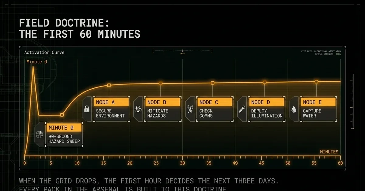 Field doctrine activation curve — the first 60 minutes: 90-second hazard sweep, secure, mitigate, comms, illumination, water