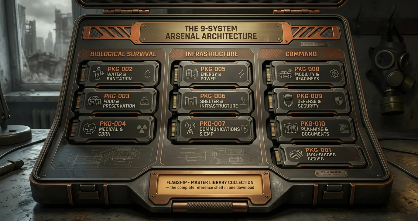 The 9-system arsenal architecture — water, food, medical, energy, shelter, comms, mobility, defense, planning