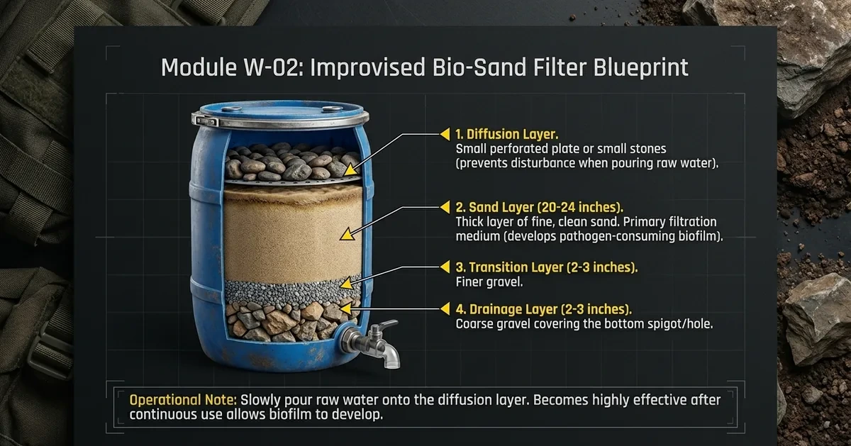 Improvised bio-sand filter blueprint — field water treatment module