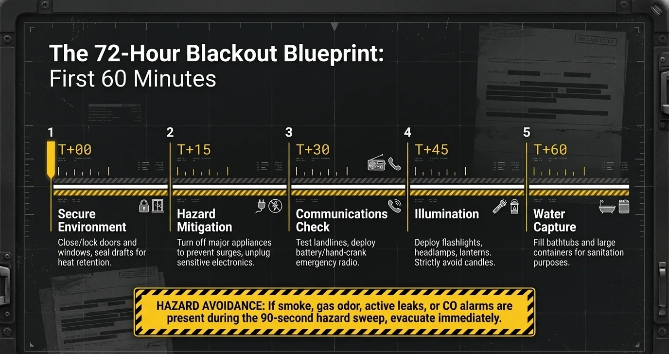 The 72-Hour Blackout Blueprint — first 60 minutes: secure environment, hazard mitigation, communications check, illumination, water capture