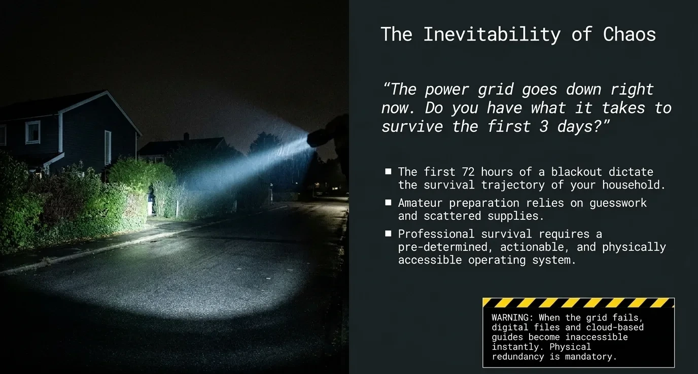 The inevitability of chaos — a flashlight beam on a blacked-out street