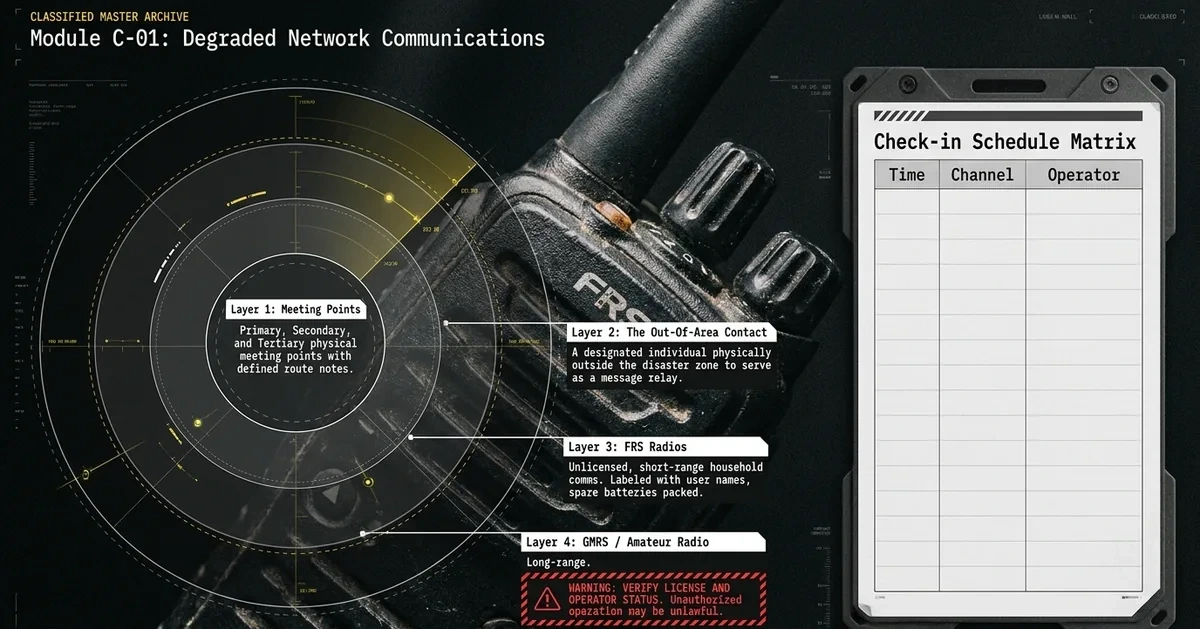 Module C-01: degraded network communications — layered check-in plan with FRS, GMRS, and amateur radio