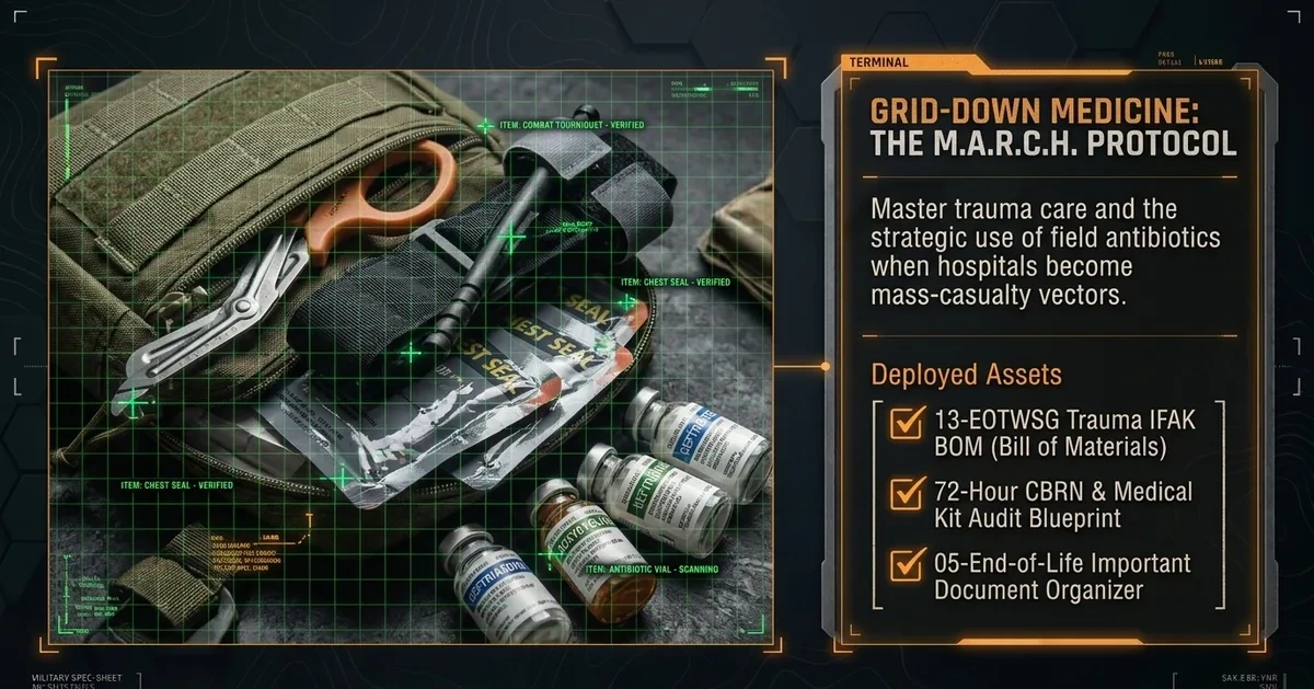 Grid-down medicine — the M.A.R.C.H. trauma protocol: IFAK, chest seals, and field medical assets