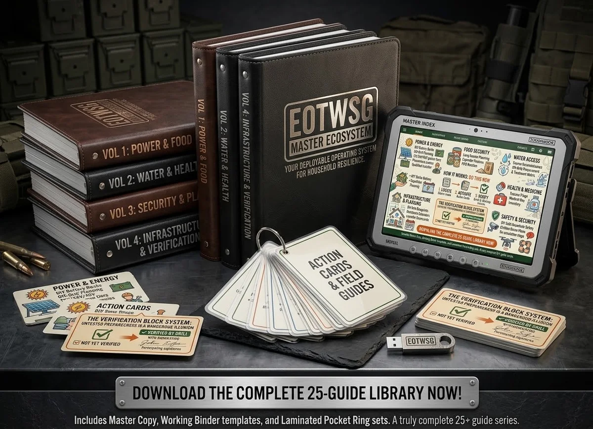 The Master Library — EOTWSG Master Ecosystem binders, field tablet with master index, and action cards: the complete 25-guide library